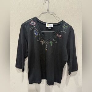 Christine Alexander Vintage Black V-Neck Sweater with Rhinestones Embellishments